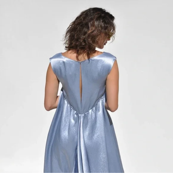 Collina Strada Dara Light Blue Satin Midi Dress Drapey Asymmetric Avant Garde - Picture 3 of 16